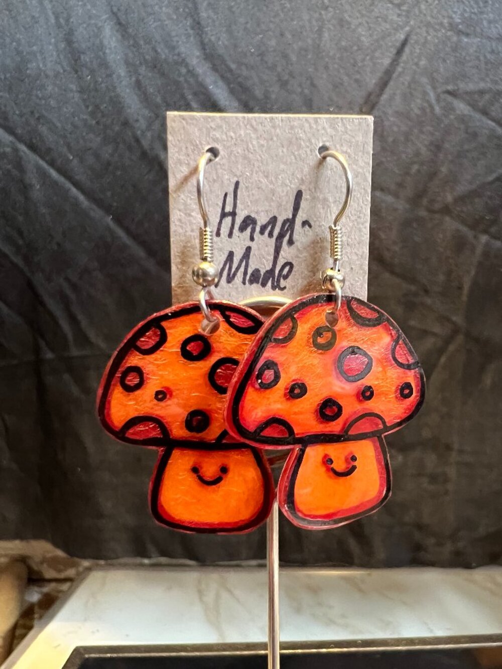 Happy Mushroom Earrings, Orange, Silvertone Hooks, OOAK